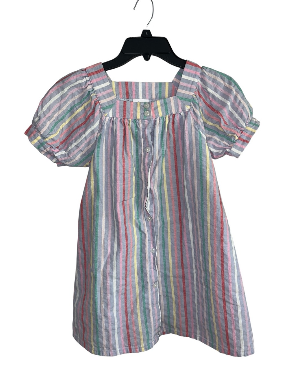 Pleat Girls Rainbow Stripe Puff Sleeve Button Front Dress Size 8